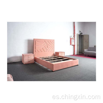 Cama de tela tapizada de terciopelo rosa conjuntos de dormitorio al por mayor